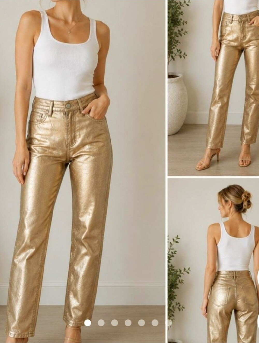 Kiwi Gold Metallic Wash Straight Leg High Waist Pants, Size L